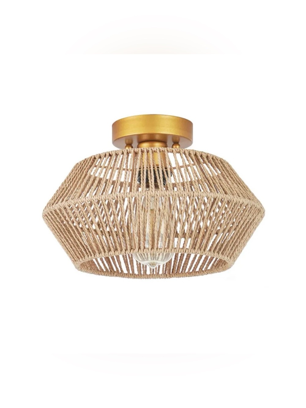 Boho Rattan Semi Flush Mount Ceiling Light Woven Rope Geometric Bedroom Lamp